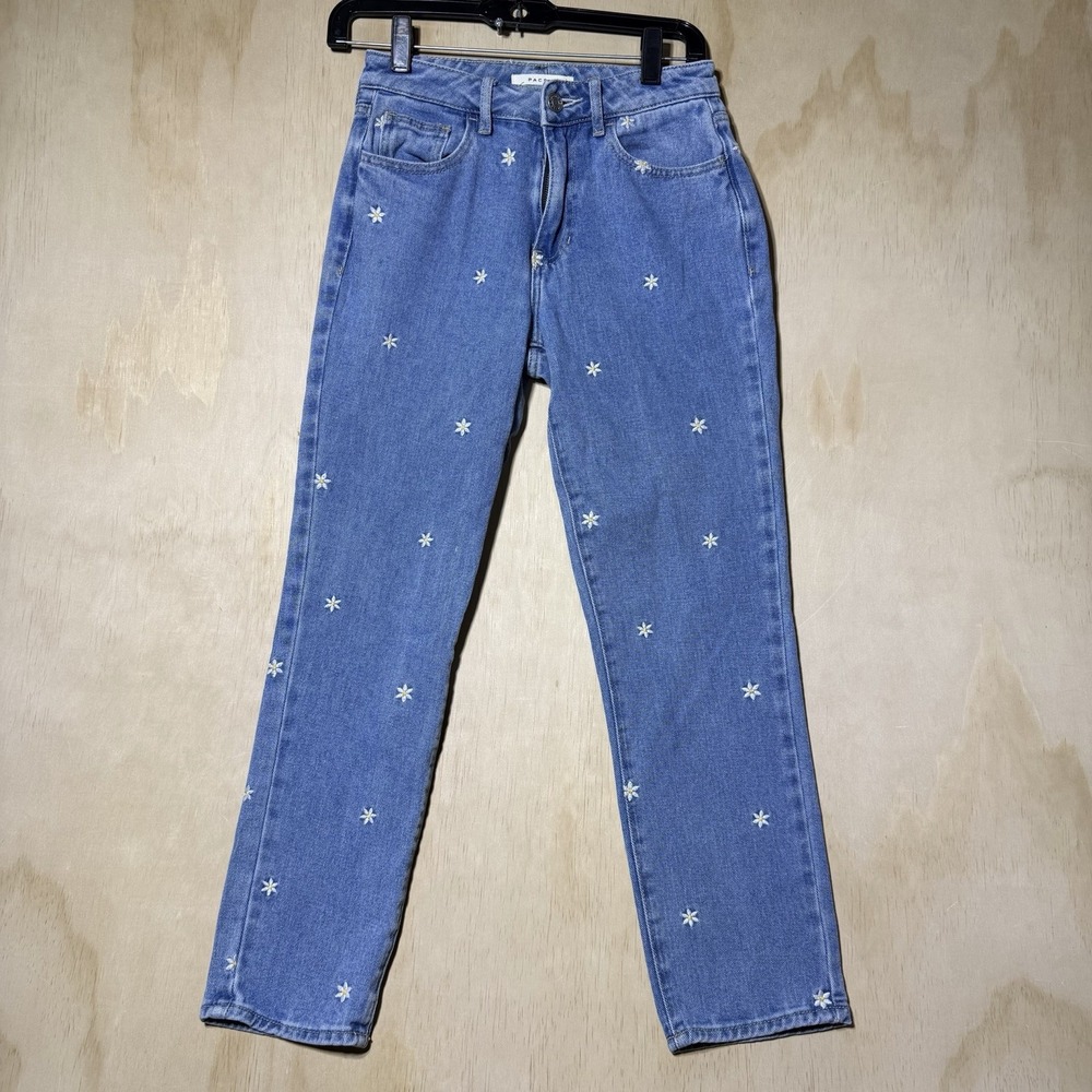 PacSun Women 23 Daisy Embroidered Mom Jeans High Rise Blue Floral Y2K Tapered